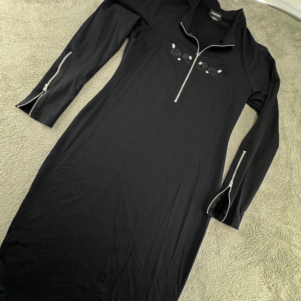 Bebe Bodycon Dress Womens XL Black Excellent Floral Zip Neck Long Sleeve Midi - Picture 1 of 11